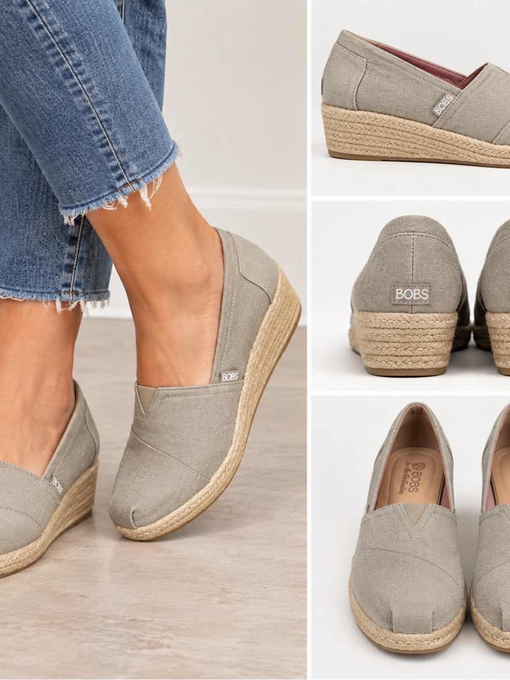 Skechers BOBS Women’s Wedge Espadrille Canvas Slip-On Shoes Taupe Size 9 NIB